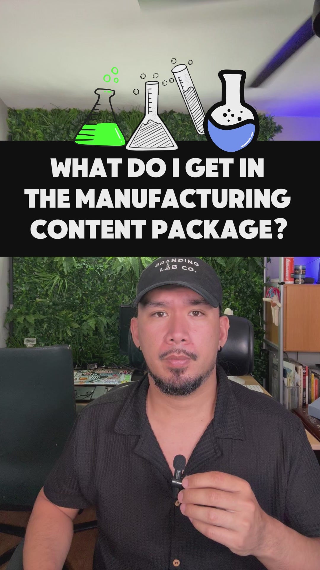 Michael Marques presents the Manufacturing Video Content Package in a manufacturing setting. The video captures the blending, mixing, bottling, and labeling processes, detailing the $150 package that provides raw video footage of product creation.