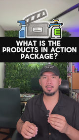 Michael Marques demonstrates the Product in Action/Use Package on location with a car and detailing products. The video includes footage of the product being applied to a vehicle, detailing the $399 package that provides two edited videos and all raw content.