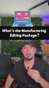 Michael Marques explains the Manufacturing Editing Package while working at a computer. The video shows how raw footage is edited into engaging content for social media platforms like Instagram, TikTok, and YouTube Shorts for $50.