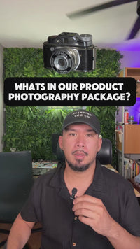 Michael Marques discusses the Product Photo Package in a studio with photography equipment. The video includes examples of product photos on white backgrounds and in use, highlighting the $150 package's benefits for new or launching brands.